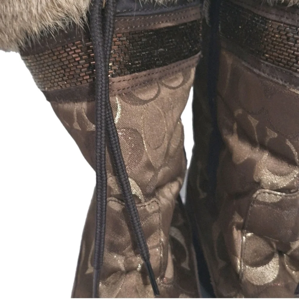 Coach Lizzie Signature Winter Fur Trim Boots Brown Gold Metallic C Size 7 A7048